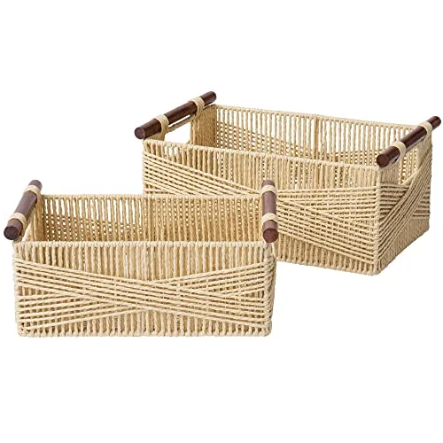 La Jolie Muse Wicker Storage Baskets for Organizing, Recyclable Paper Rope Basket With Wood Handles, Decorative Hand Woven Basket Organizers for Makeup Books Shelves Living Room, Beige, Set of 2