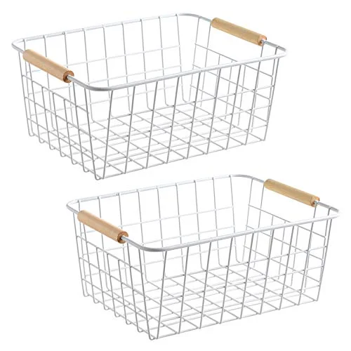 Lelecat White Wire Baskets With Wooden Handles Storage Organizer Baskets, Household Refrigerator for Cabinets, Pantry, Closets, Bedrooms, Kitchen - Set of 2（white）