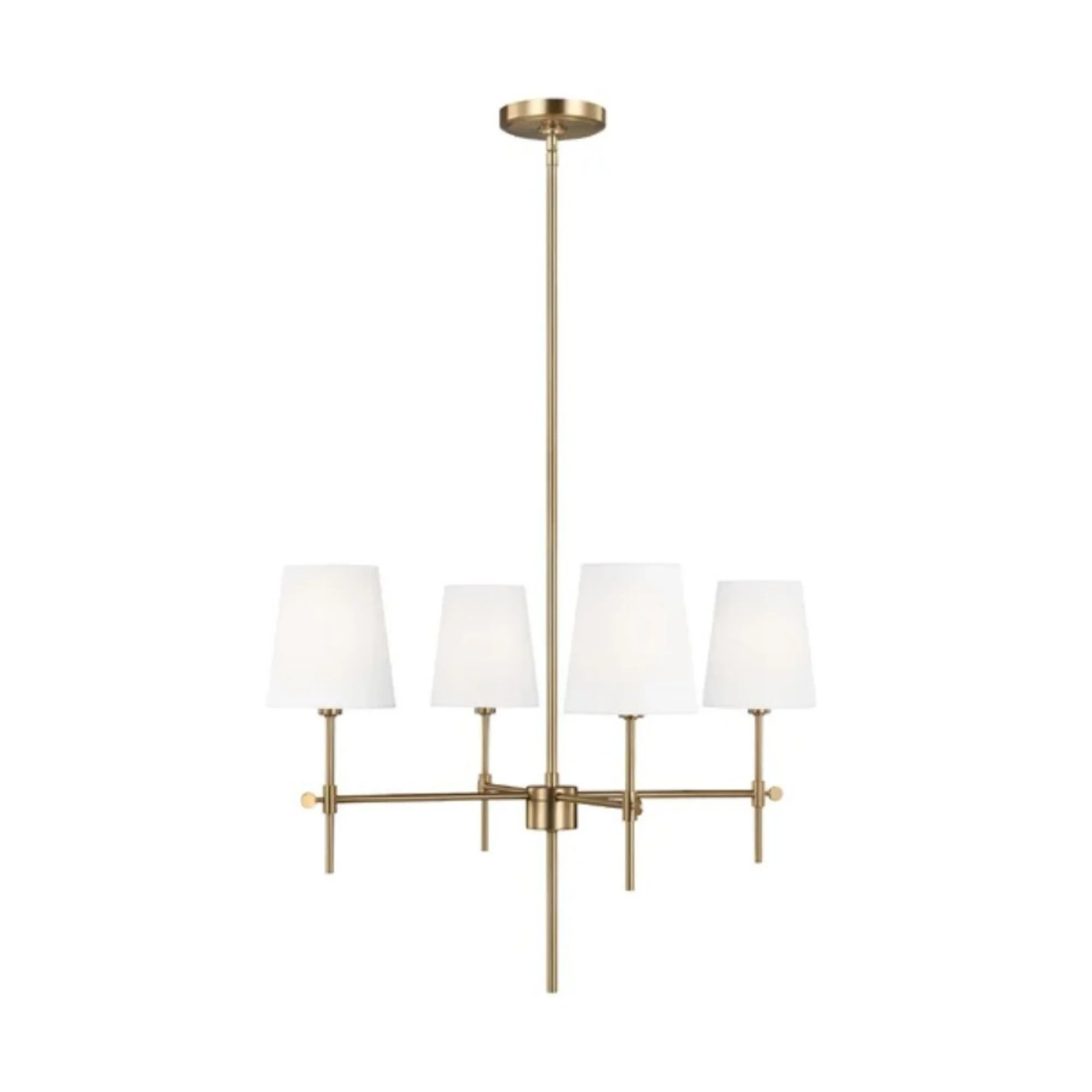 A gold chandelier with four white shades on the lights