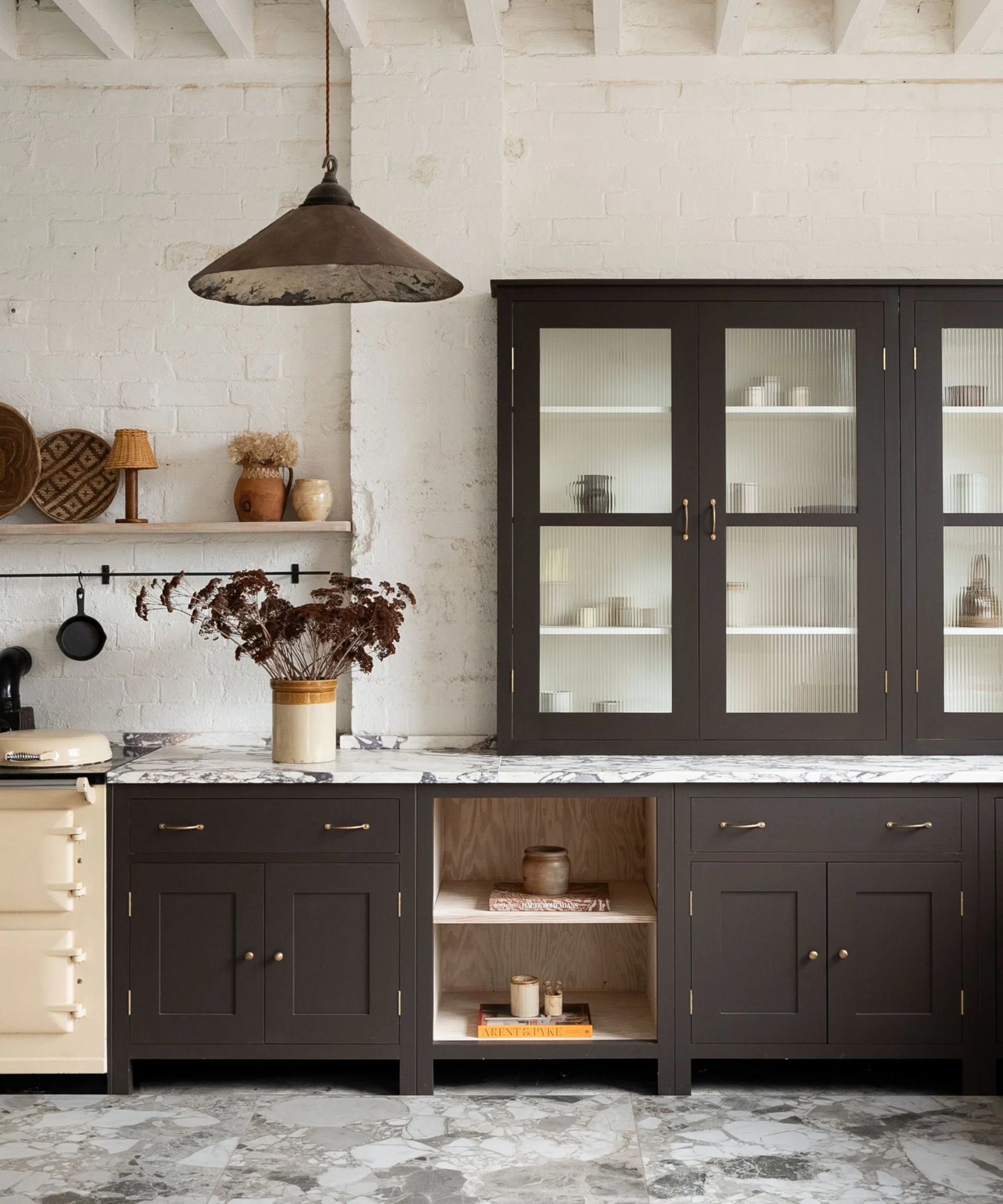 White rough brick wall kitchen
