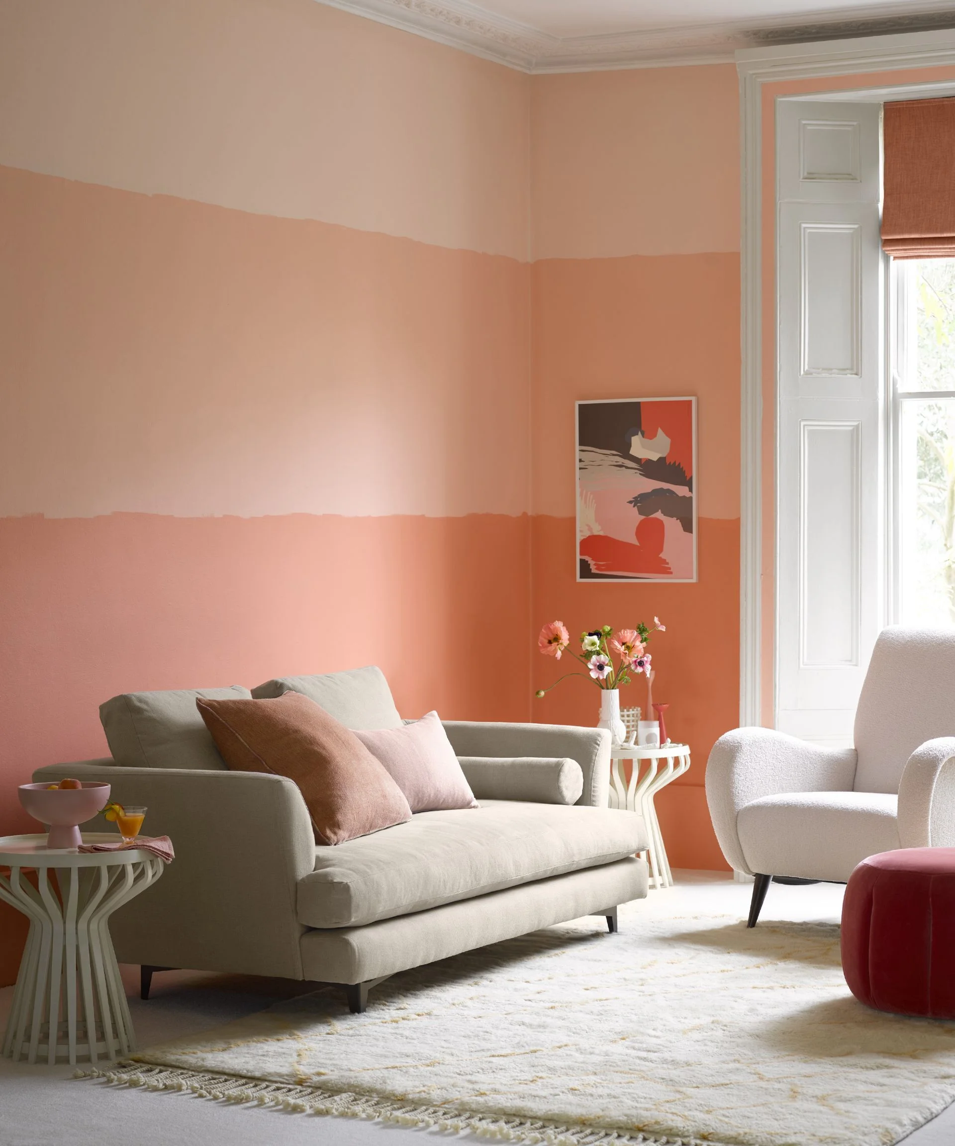 pink living room with 3 shades