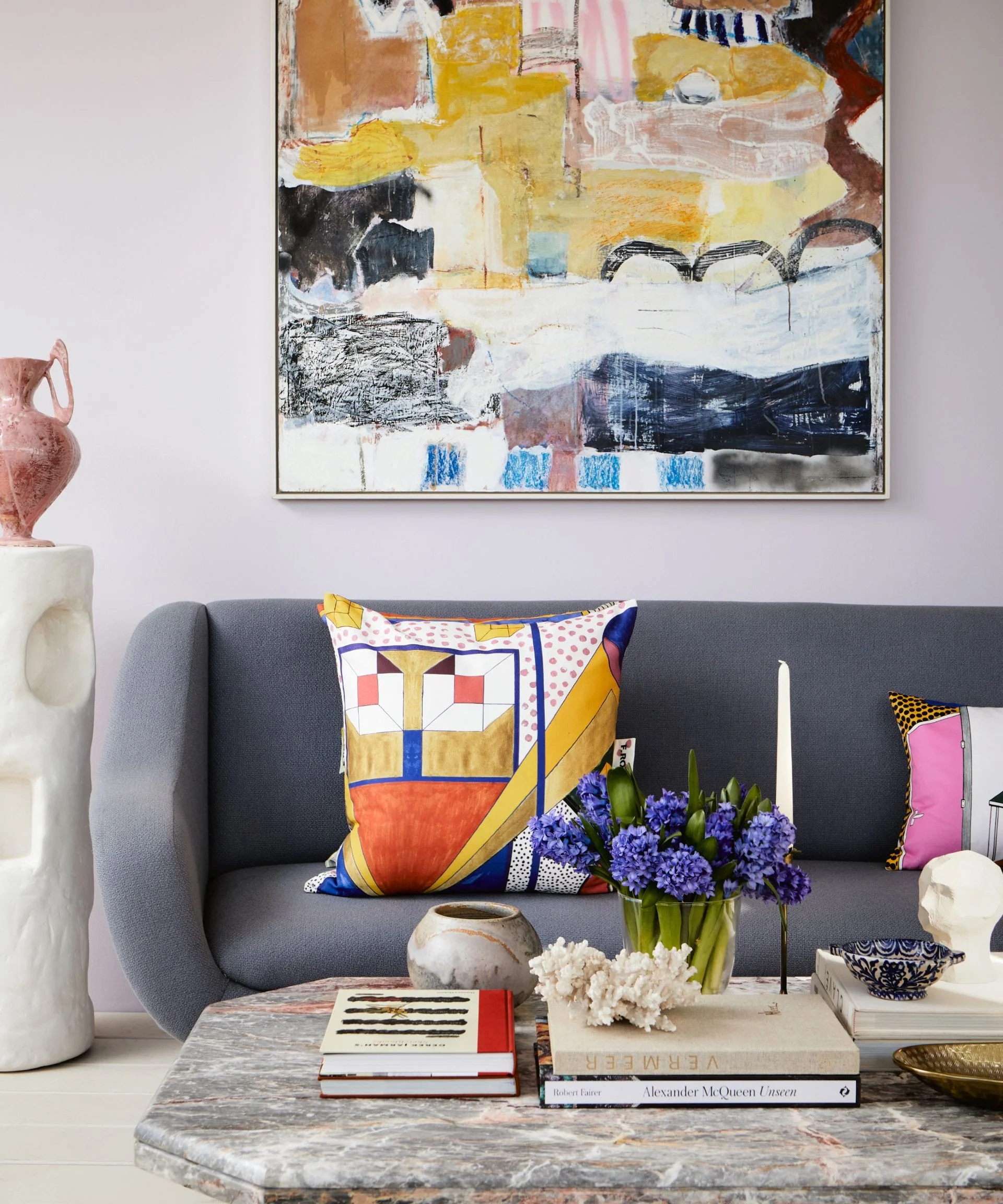 eclectic living room with a hint of pink