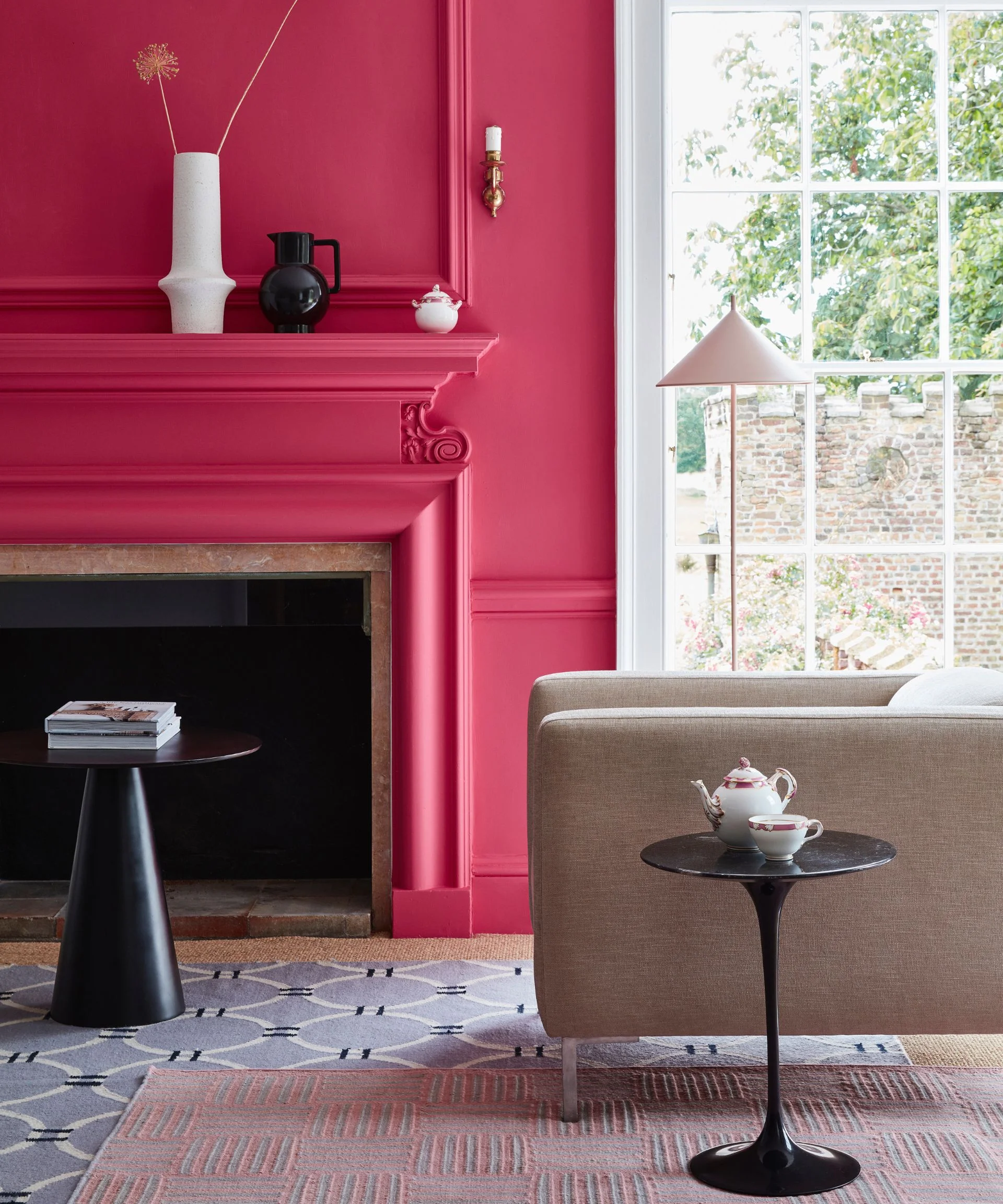 living room with shocking pink walls