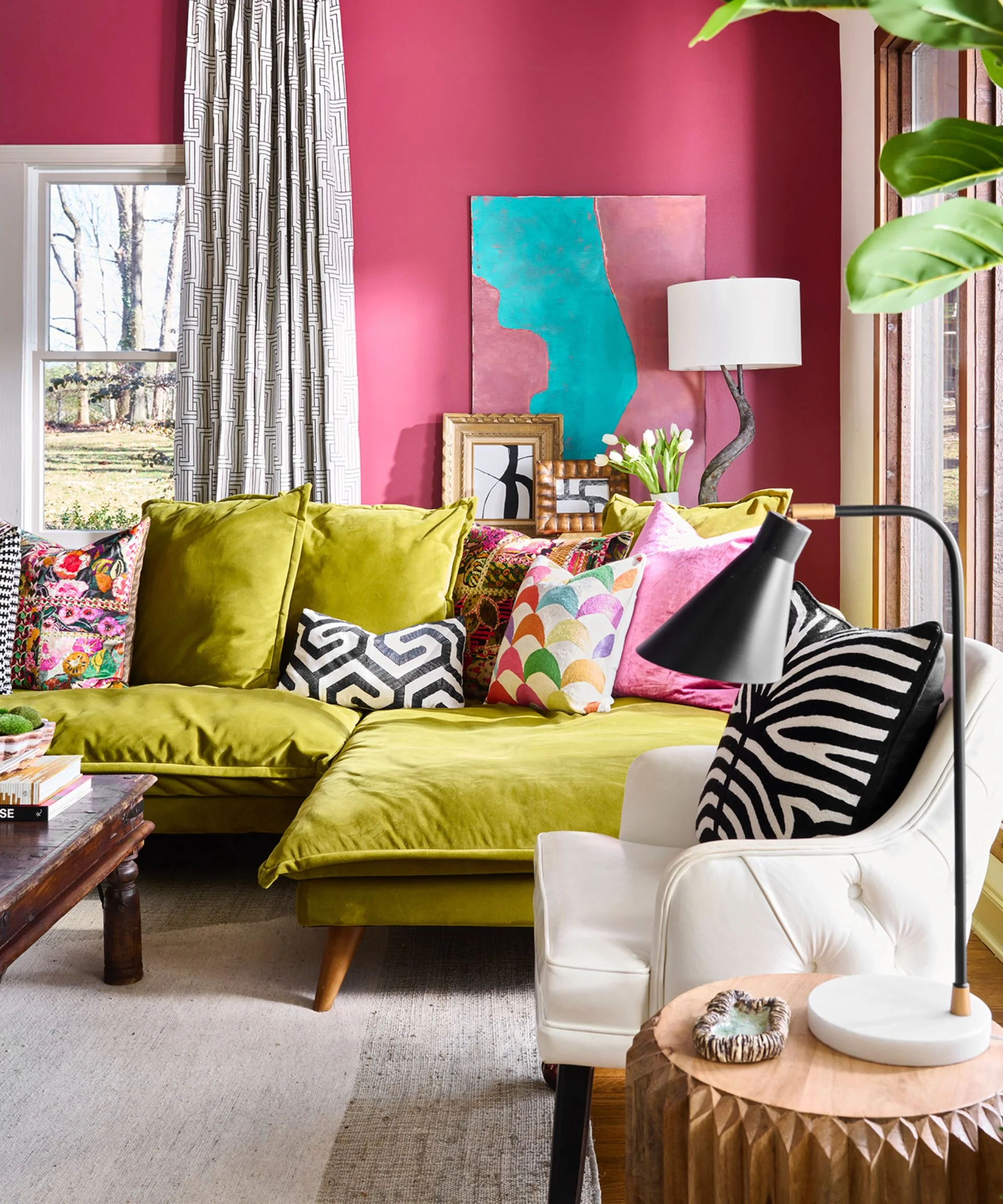 pink living room with lime green modern couch
