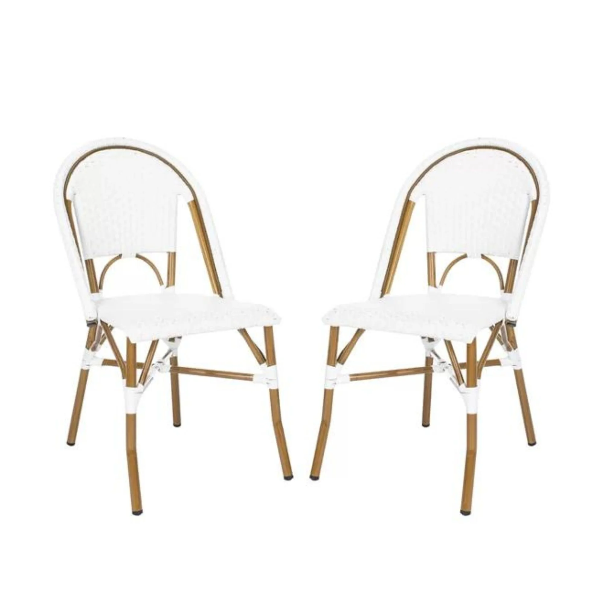 Two white and brown rattan chairs with curved backs