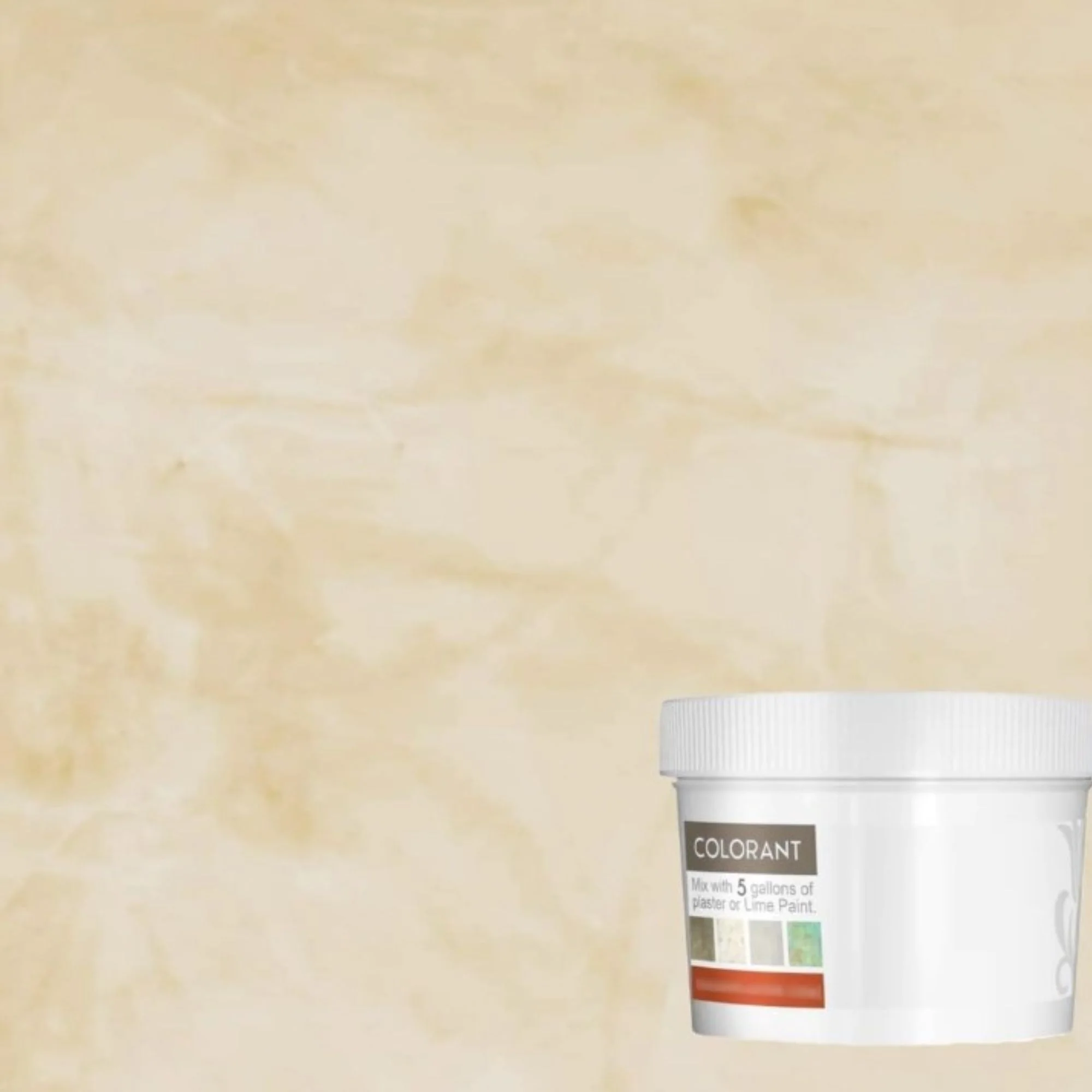 A square of beige limewash paint with a white paint tin in the bottom right corner