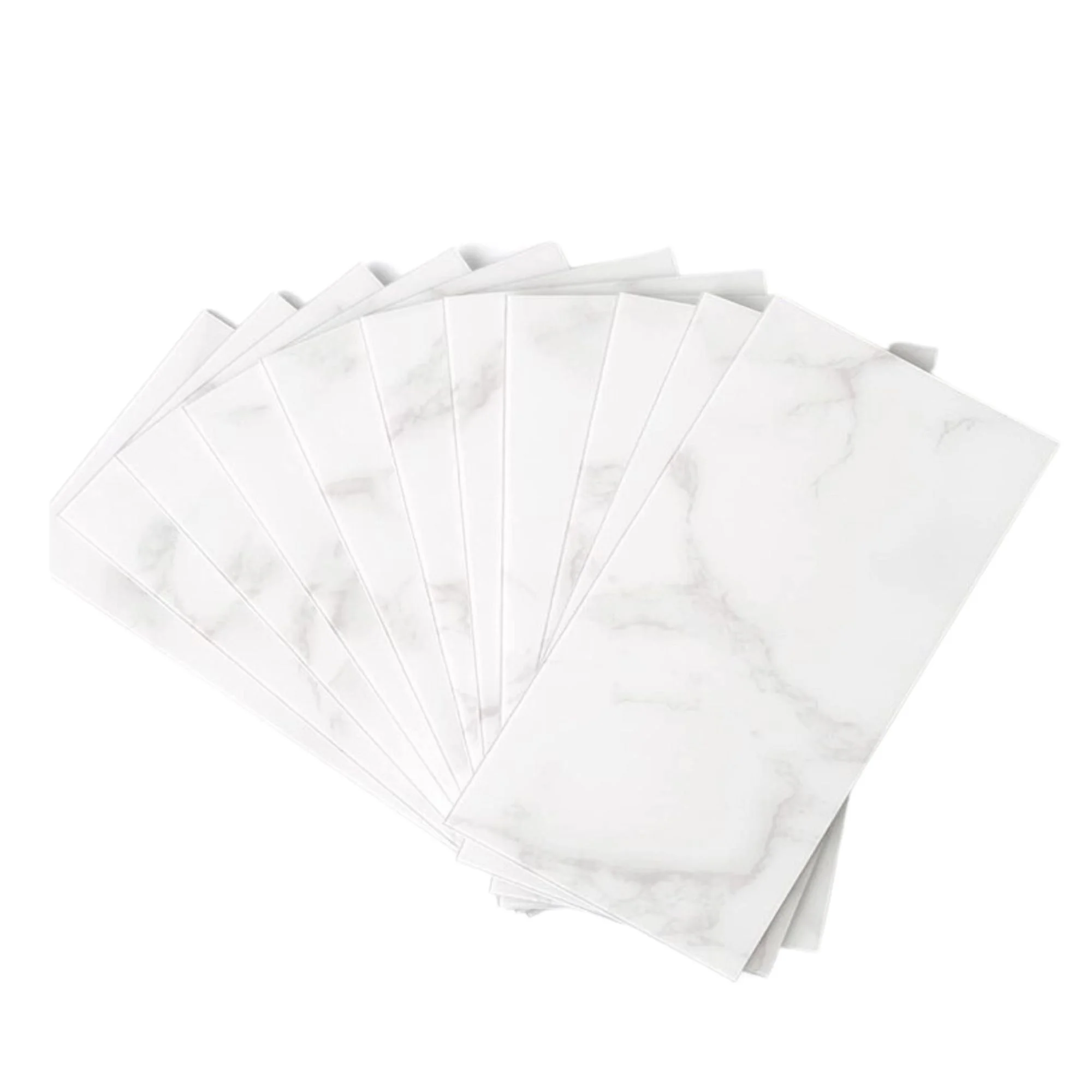 A fanned out pile of white marble peel and stick tile with gray veining