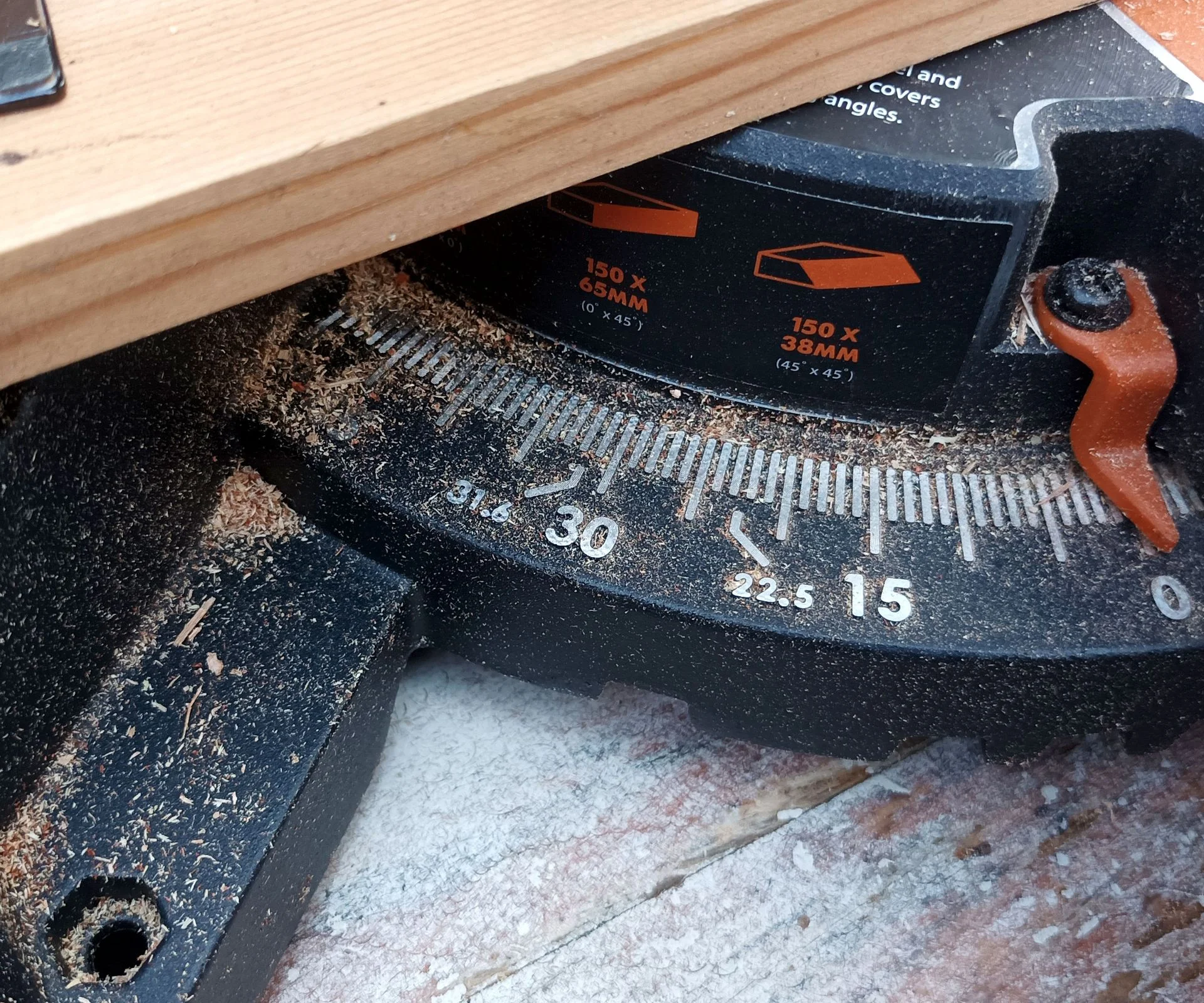 Close of Evolution R210 SMS Plus mitre saw mitre markings