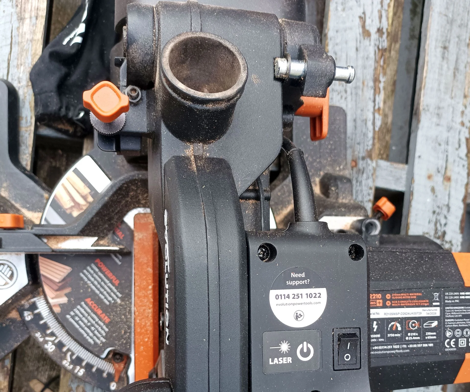 Top down shot of Evolution R210SMS Plus mitre saw including laser switch