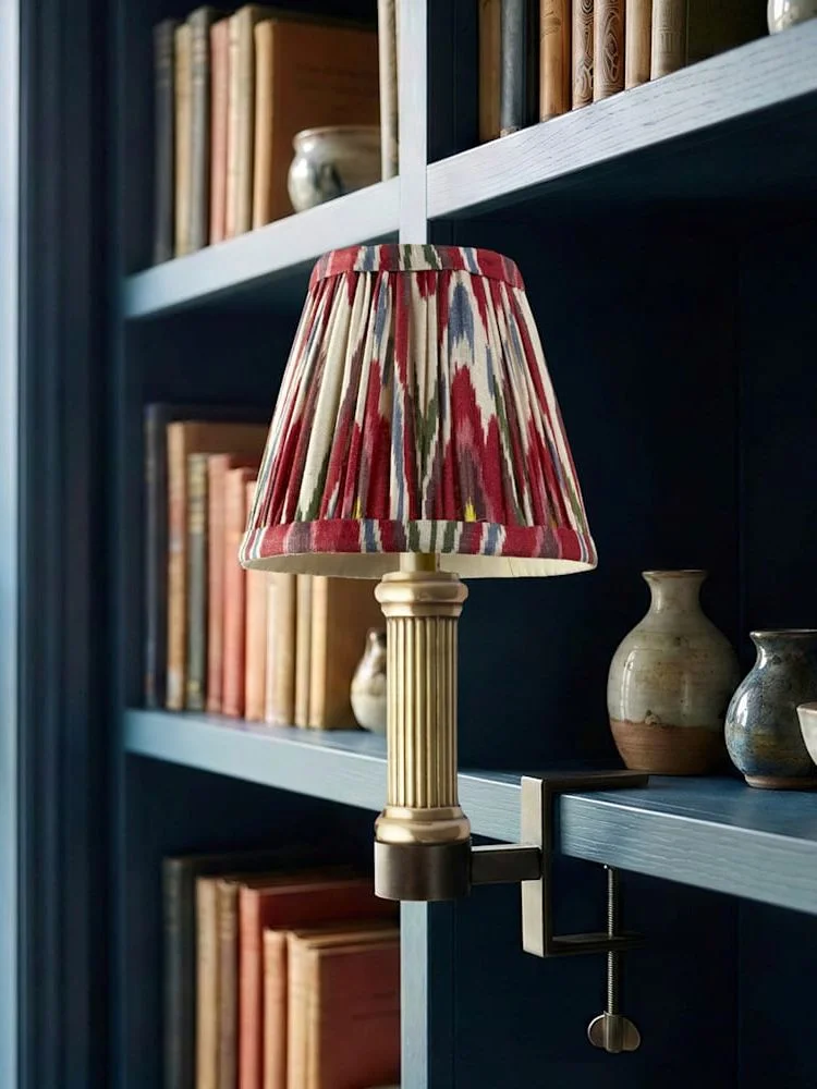 Pooky, bronte rechargeable bookshelf light in brass with 16cm empire gathered lampshade in heraldic printed linen ikat
