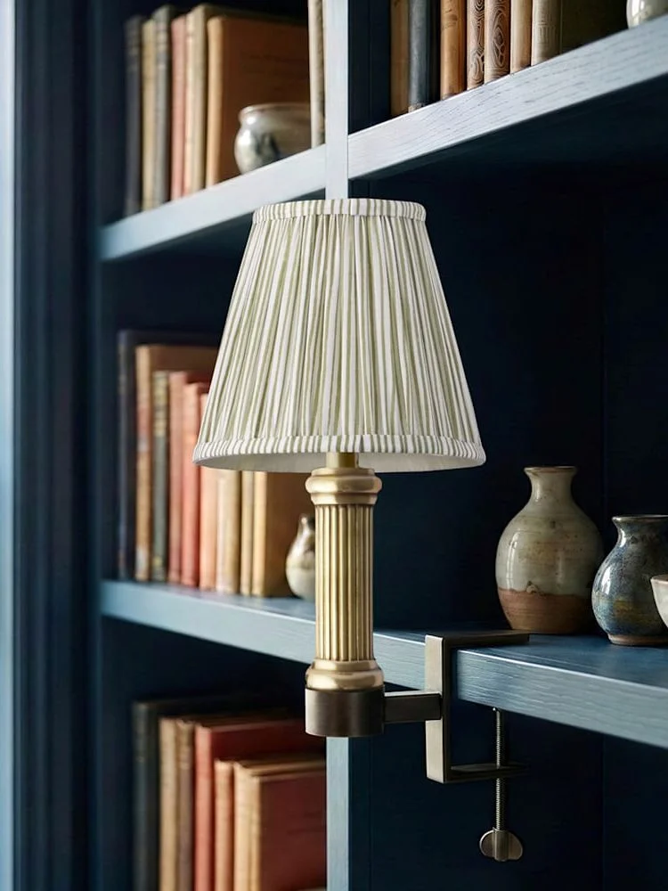 Pooky, bronte rechargeable bookshelf light in brass with 16cm empire shade in green candy stripe block printed cotton