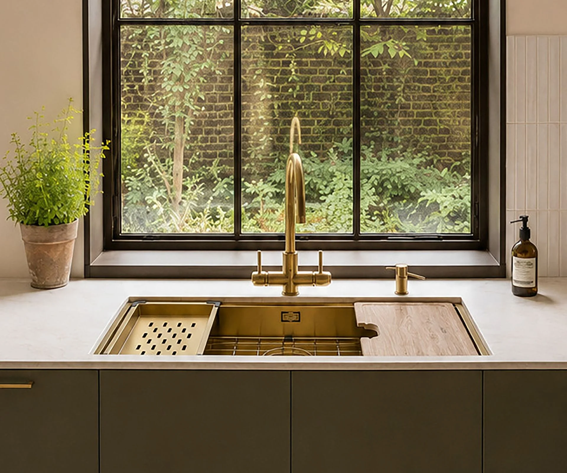 Brass workstation sink with a chopping board and colander insert, gold tap, beneath a garden-facing window.
