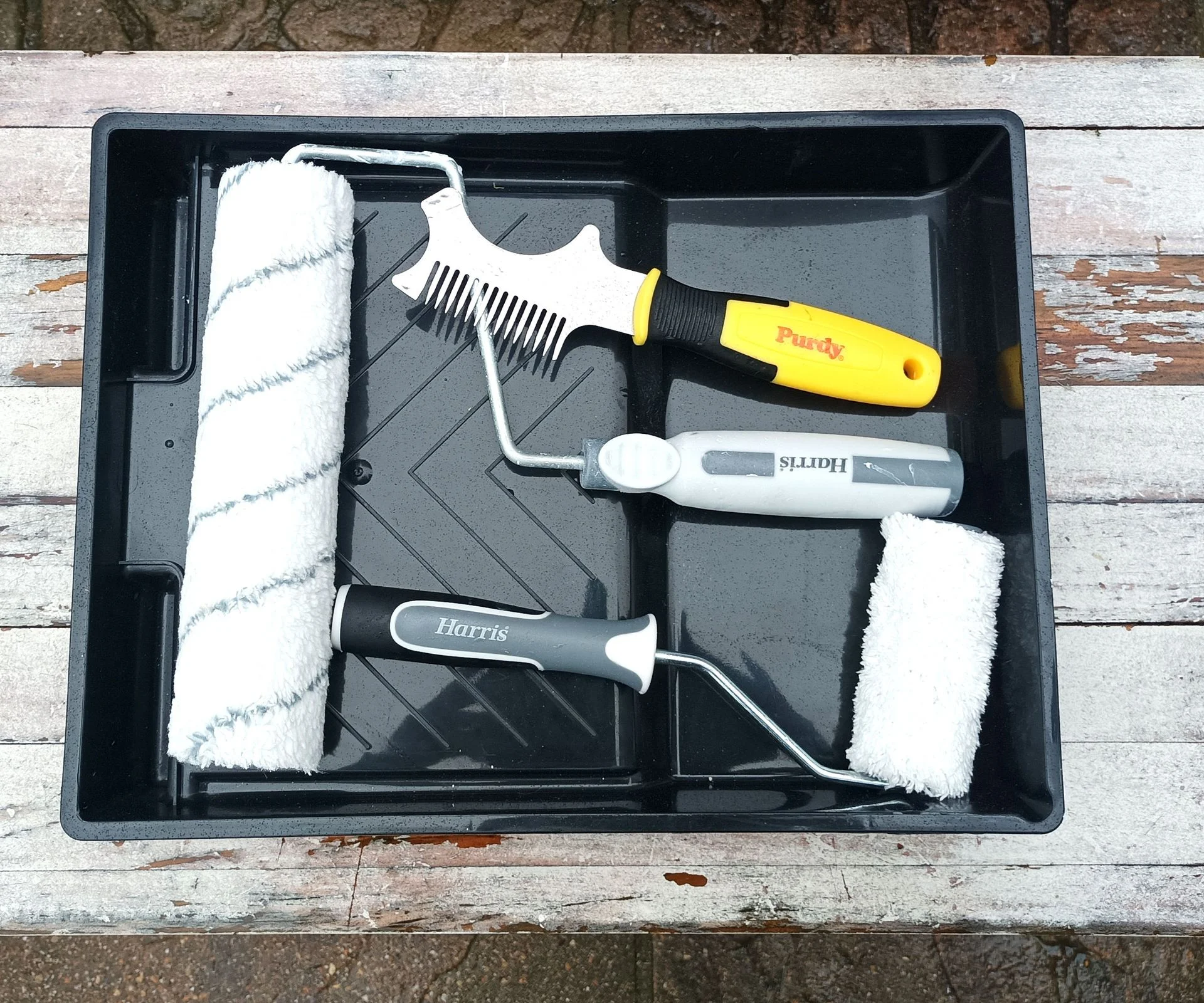 Harris roller tray with a Purdy brush and roller cleaner