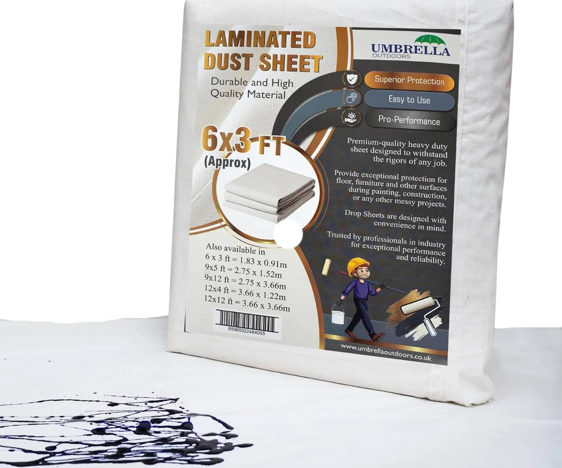 Dust sheet in packaging with one on floor showing paint marks