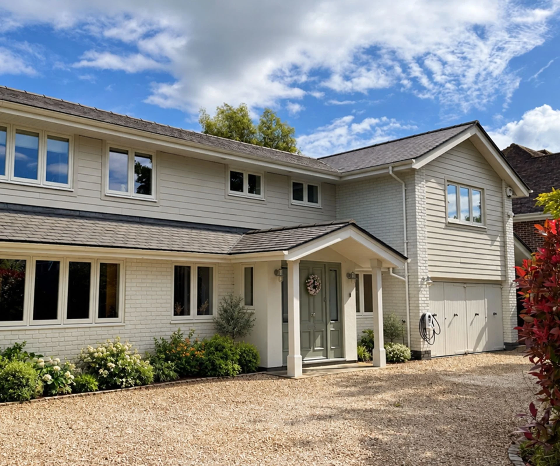 New England style house with enclosed porch and gravel driveway