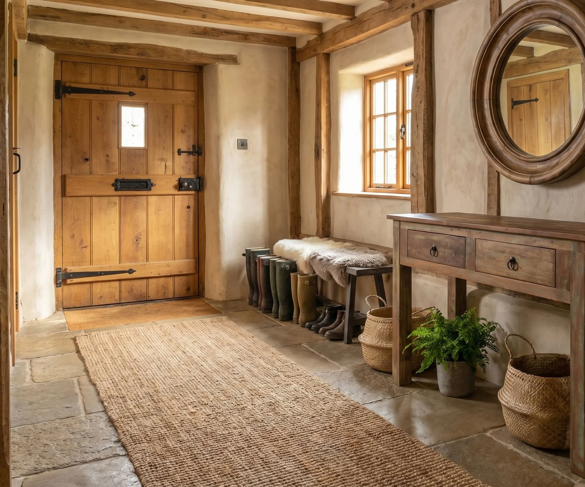 entrance hallway with stone floor and large oak door