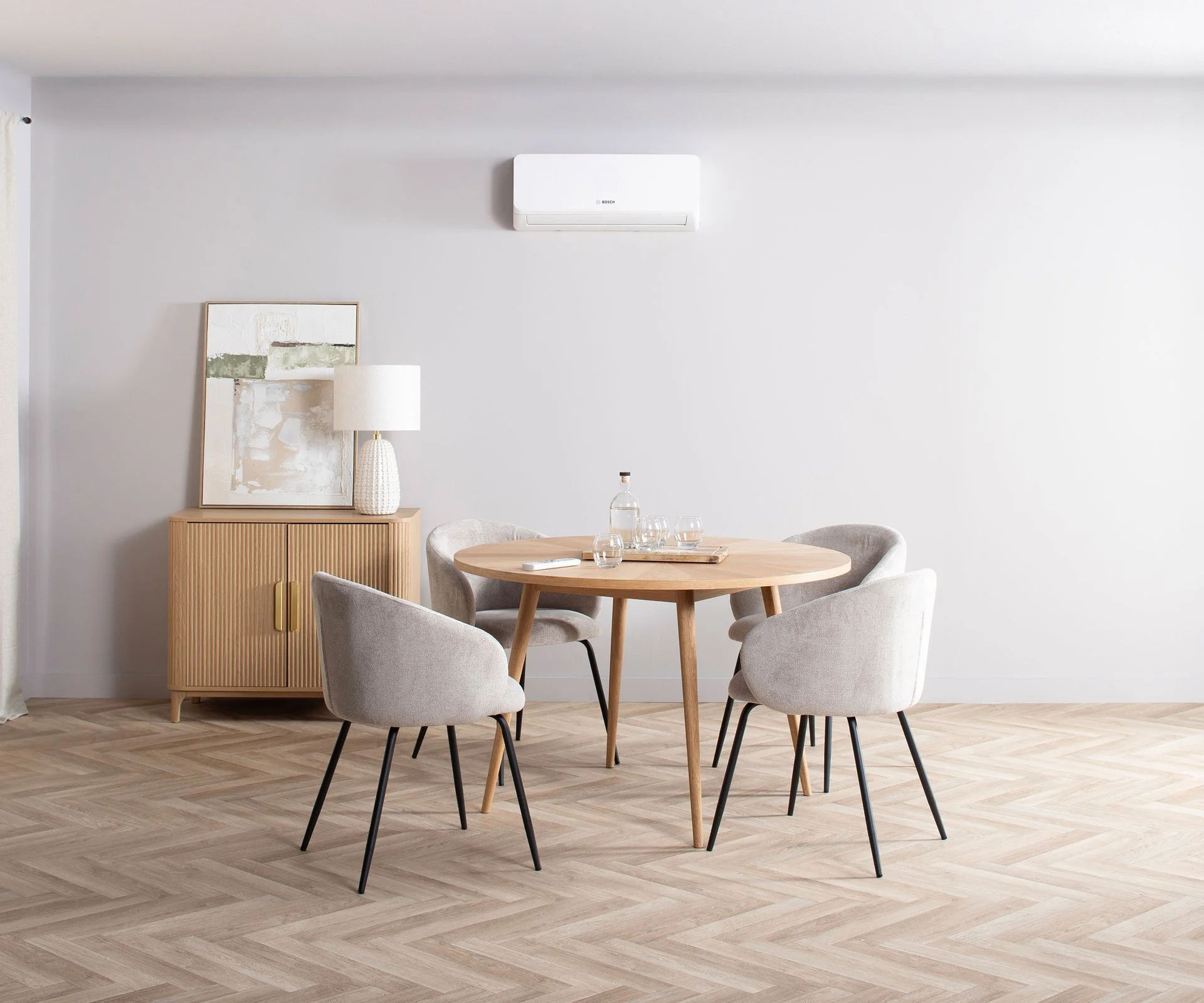modern dining room with white wall-mounted air conditioning unit