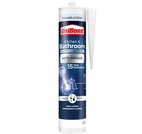 Unibond Kitchen and Bathroom, Mould-Resistant Transparent Sealant, 280 Ml | Silicone-Based Sanitary Sealant, Waterproof Caulk, Mould-Resistant Formula, Cartridge Format