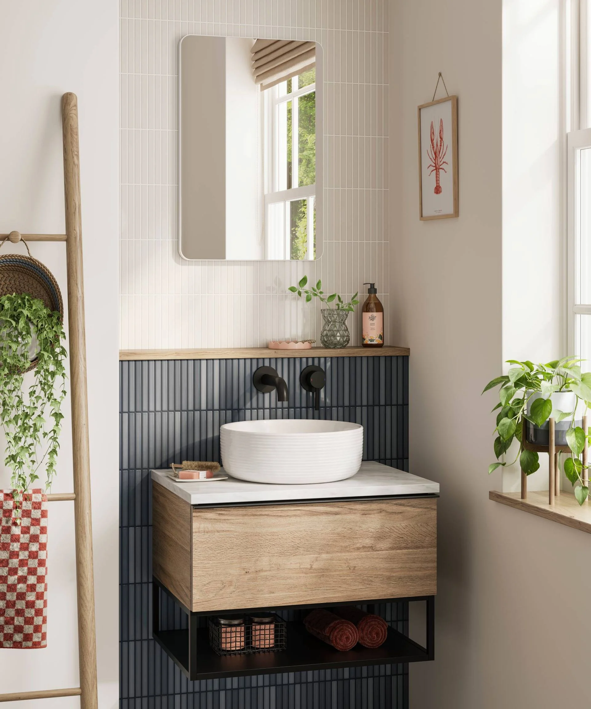 Pale wood vanity unit with charcoal tiles and ceramic basin