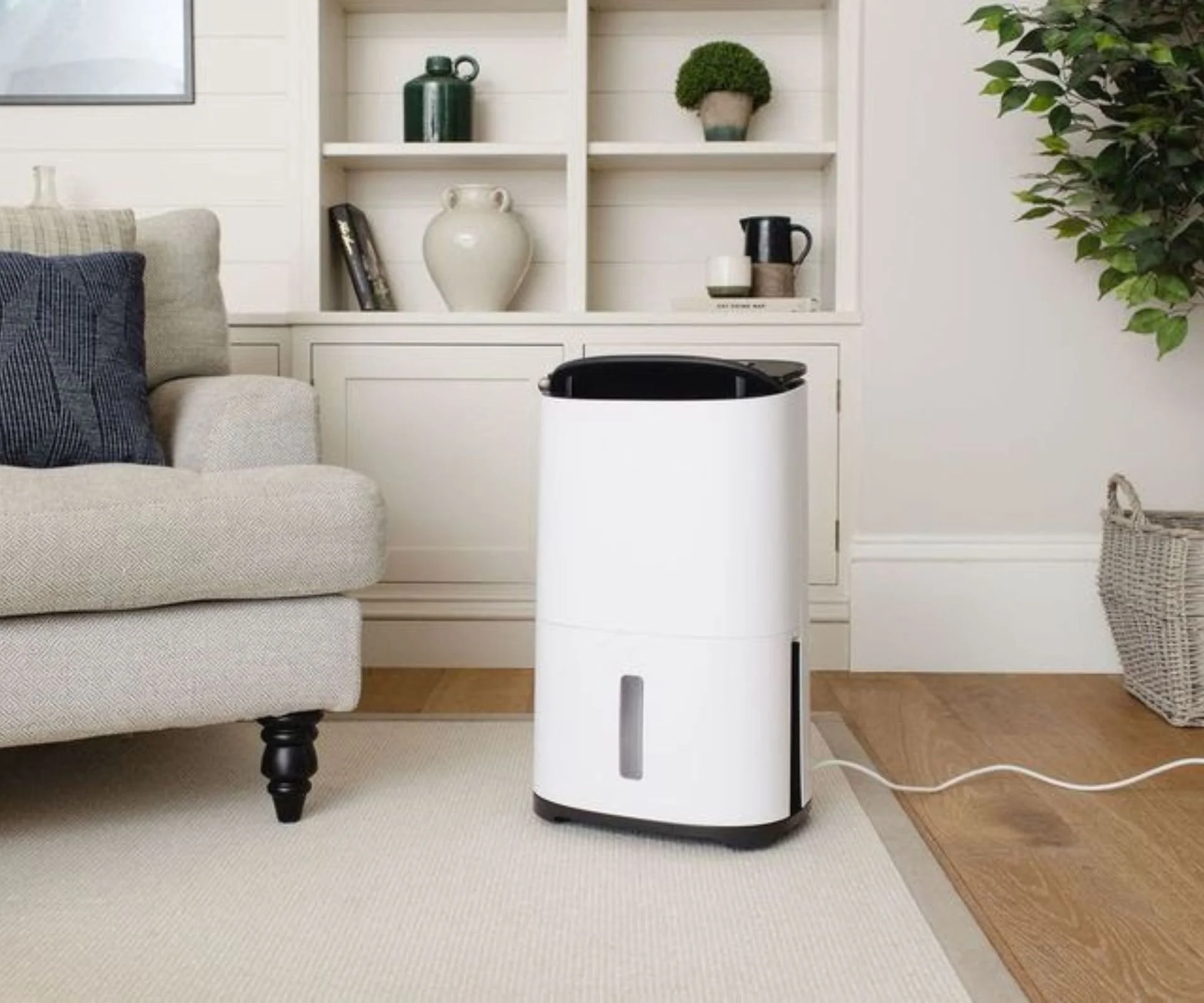 A white dehumidifier with a black top panel and a small transparent water tank window sits on a cream rug in a bright, neutral living room