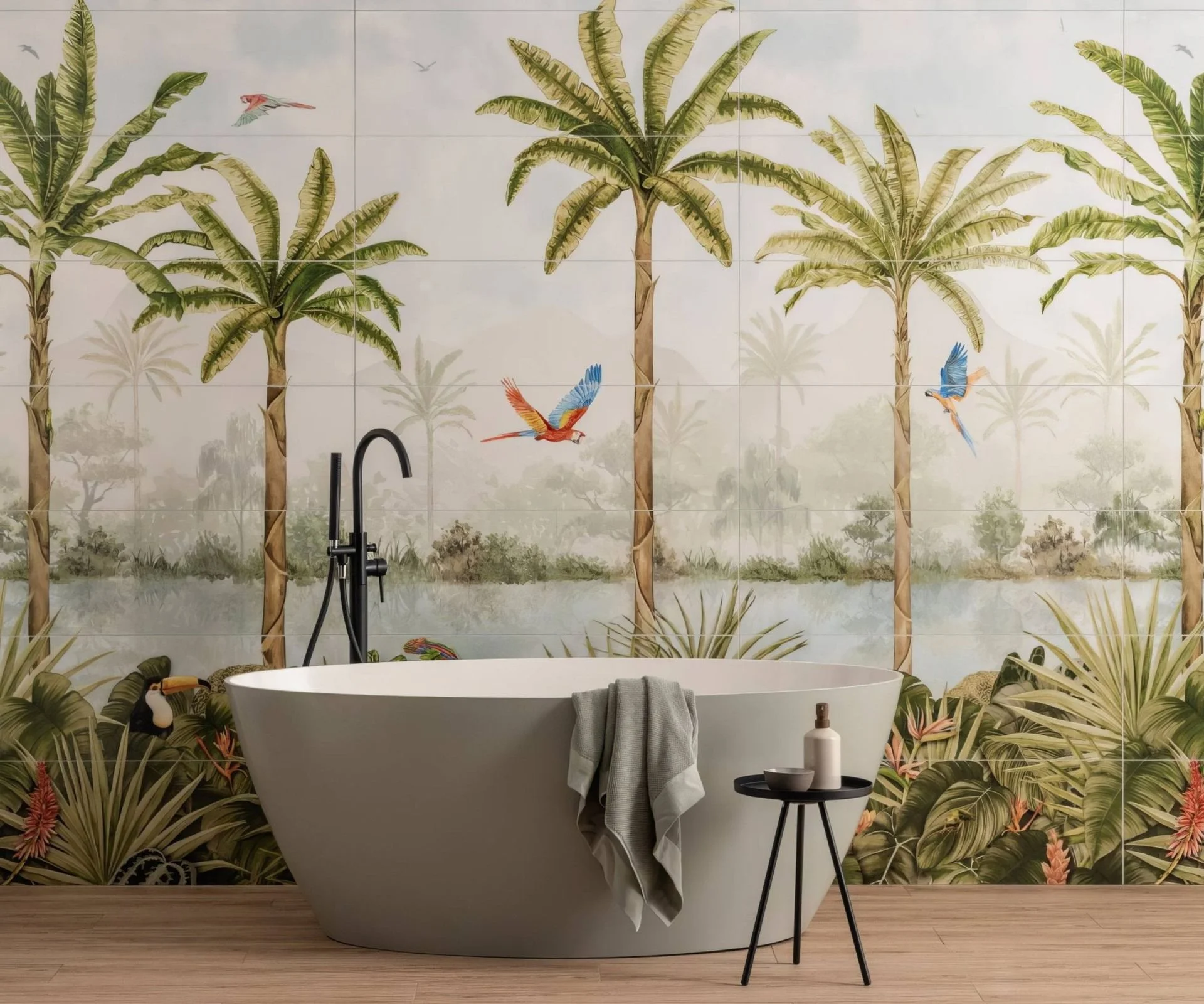 Grey freestanding bath with black floor-standing tap against tiled tropical mural of palms, macaws and toucan