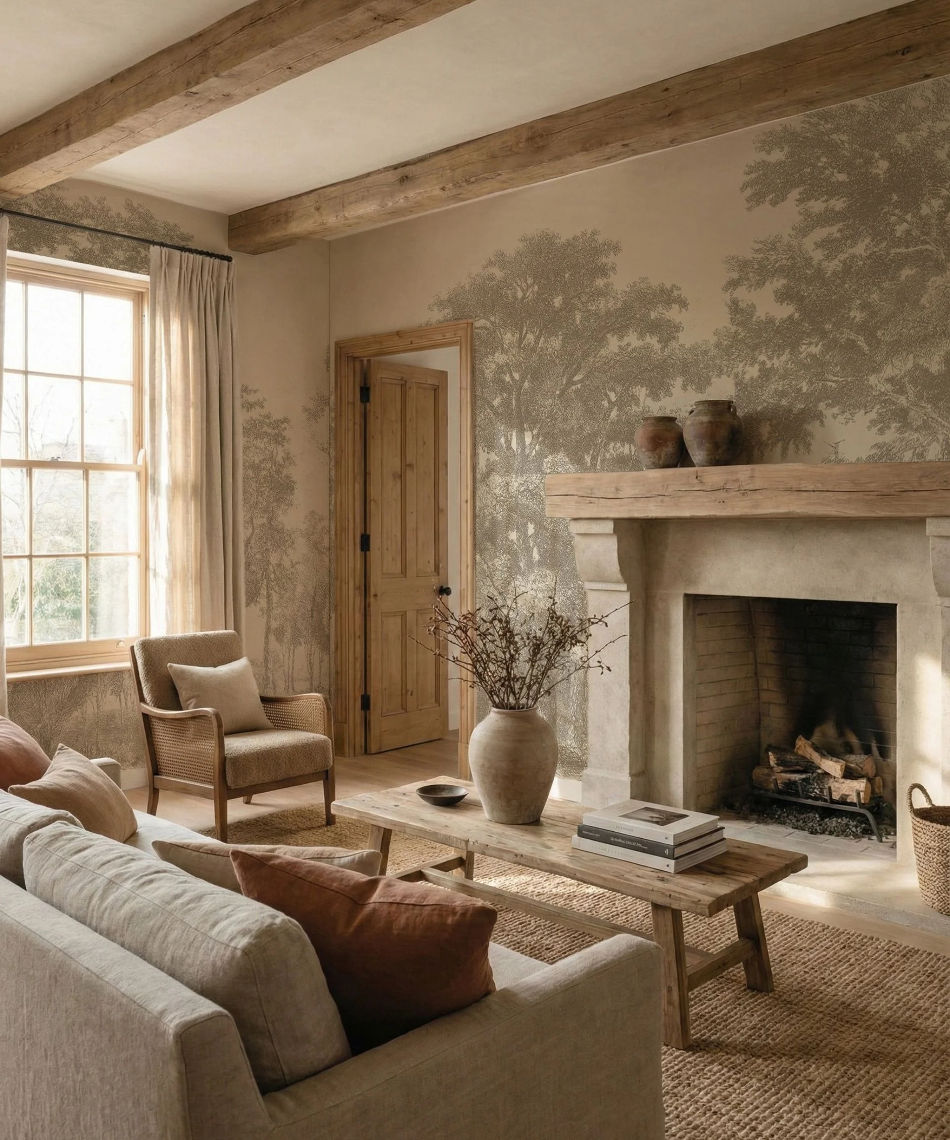 Beamed living room with sepia tree mural, stone fireplace with oak mantel, linen sofa, rustic coffee table and jute rug