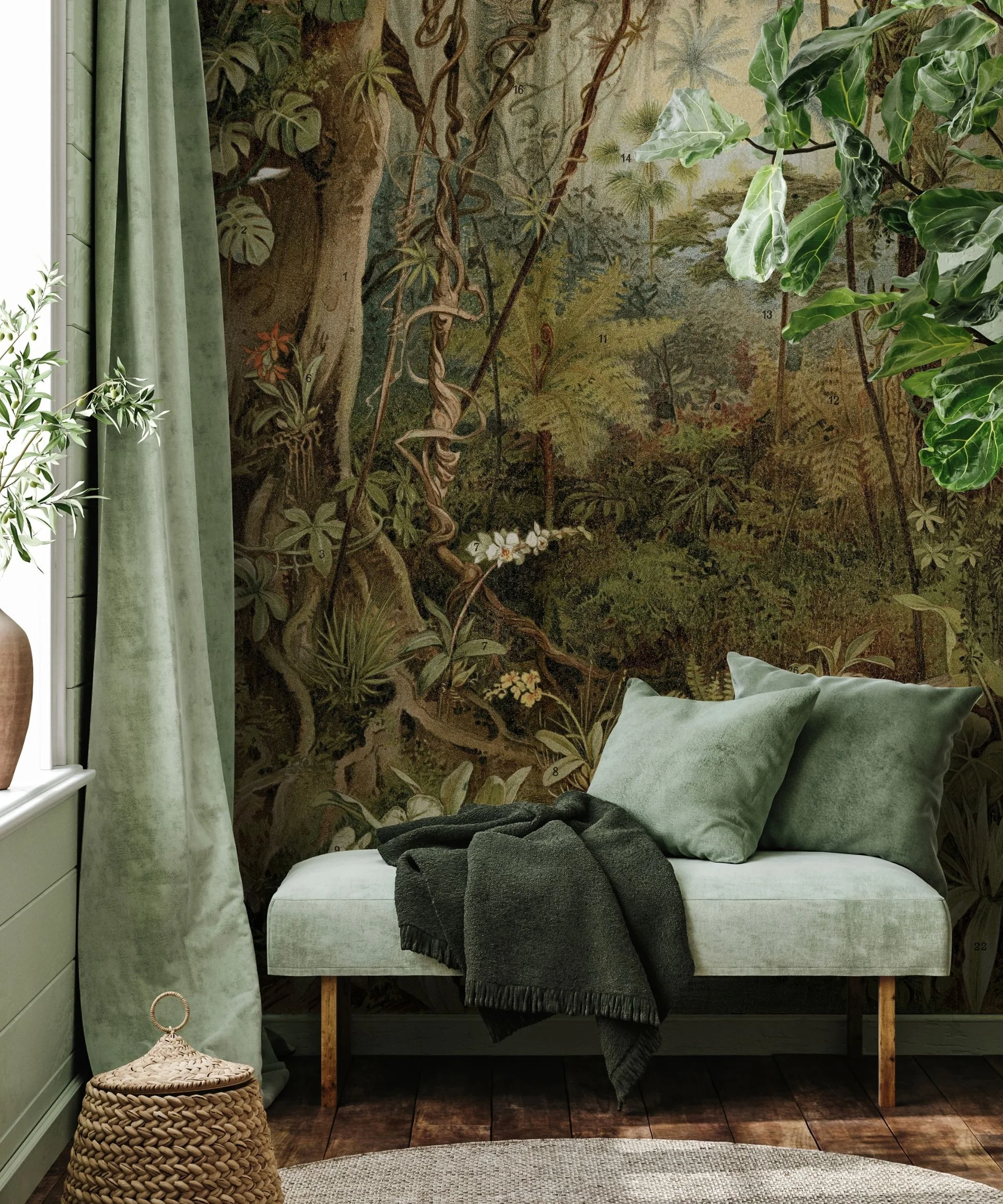 Sage velvet bench with cushions and dark green throw against a jungle mural, with green curtains and a wicker basket