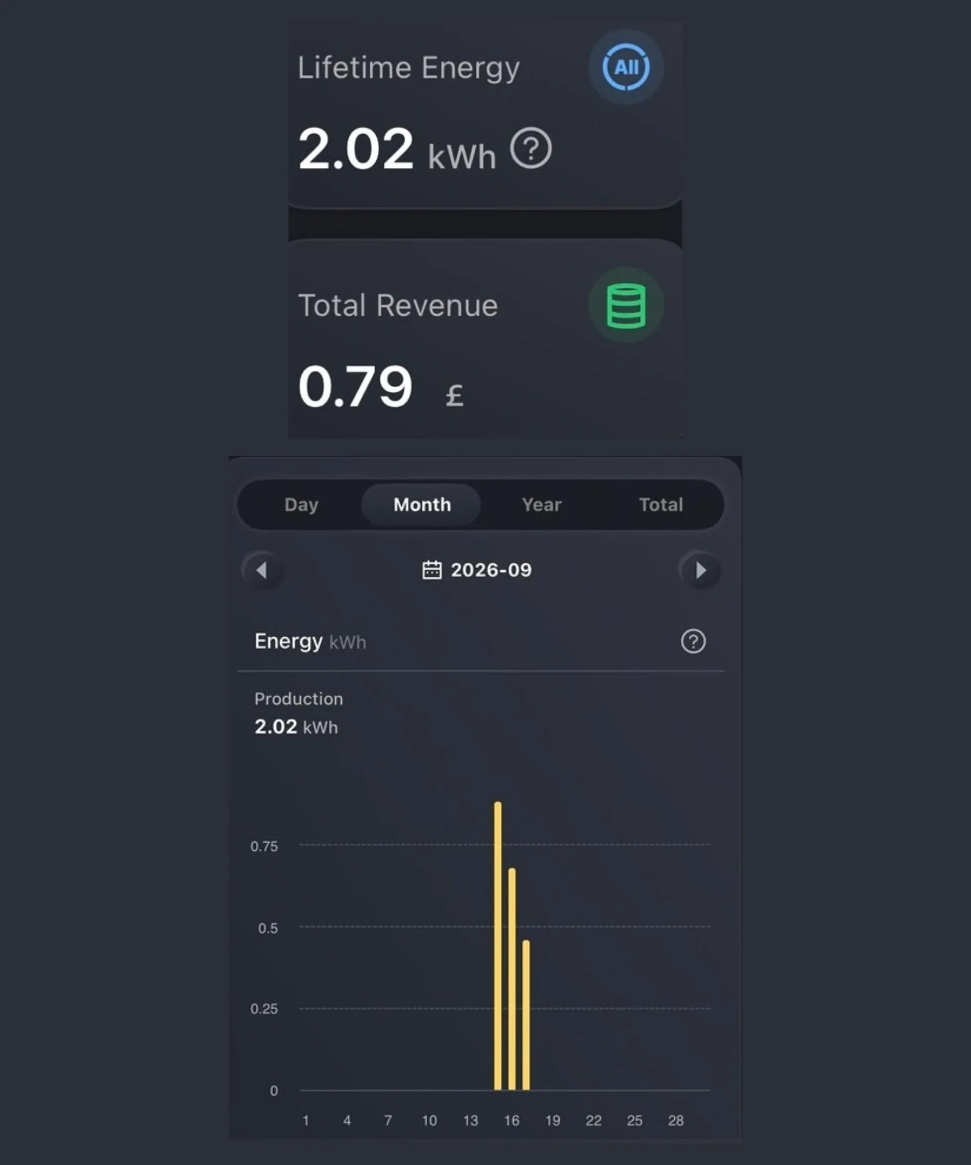Graph showing how much lifetime energy, total revenue and graph view of the plug in solar panels