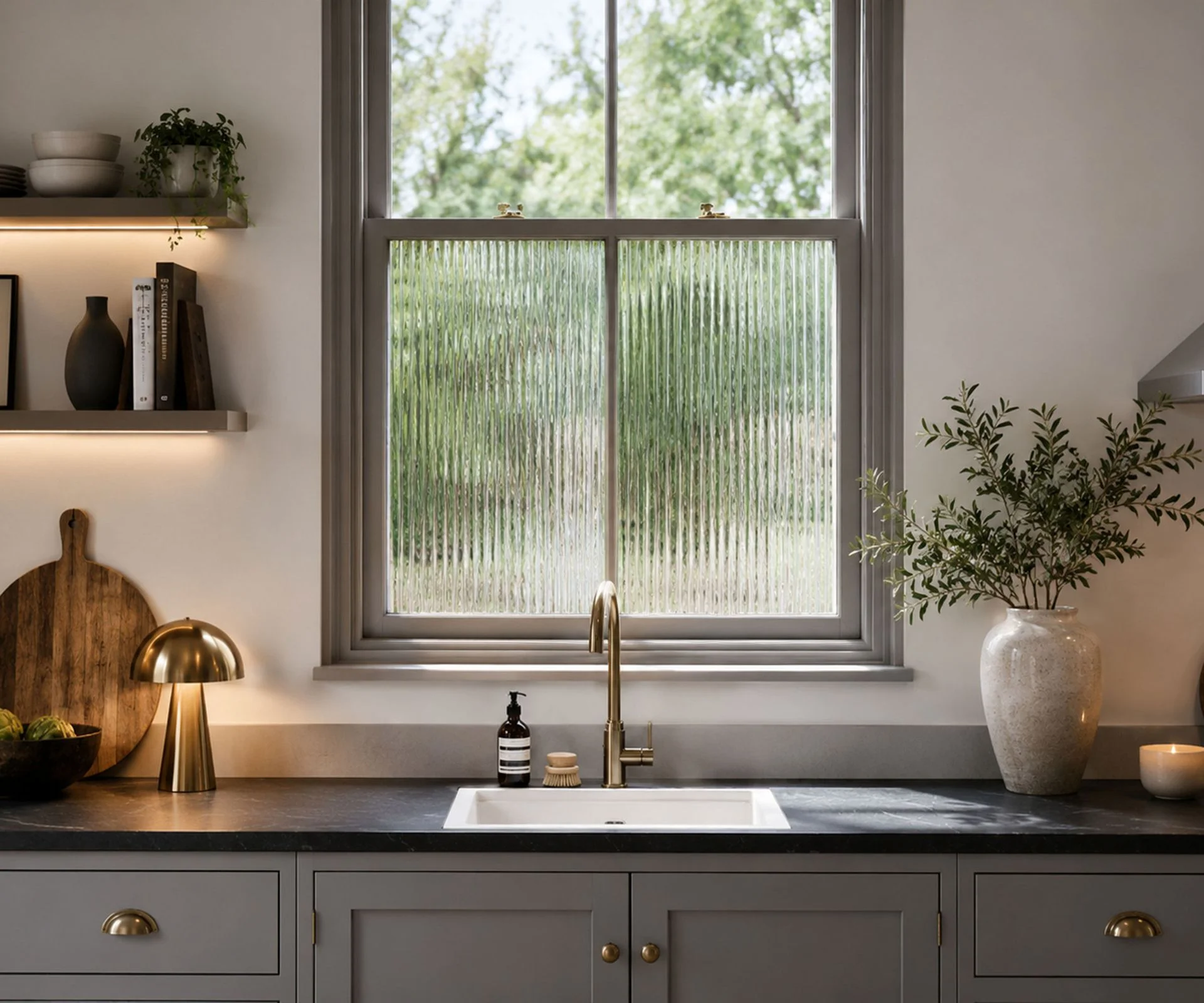 sash kitchen window with ribbed window film in grey kitchen