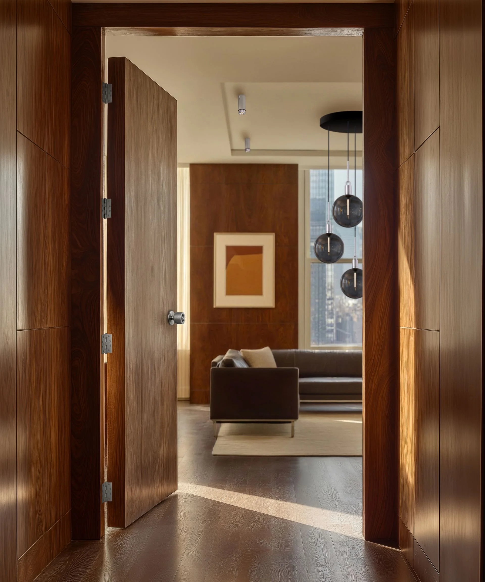 wooden door leading into living room from wood panelled hallway with wooden flooring throughout
