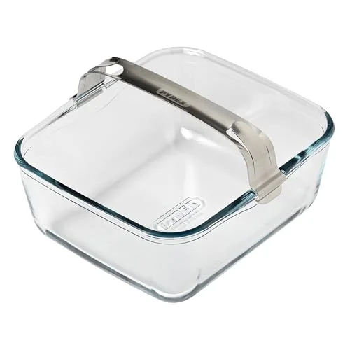 Pyrex Ideal Air Fryer Glass Baking Dish 20 X 18 Cm With Detachable Stainless Steel Clip Handle for Single Basket Air Fryers, Ultra-Resistant Borosilicate Glass, 2 L