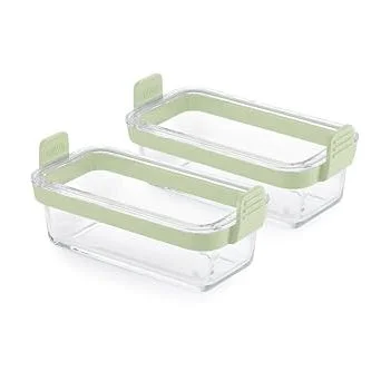 Lékué Air Fryer Rectangular Glass Dishes - Set of 2 - Borosilicate Glass & 100% Platinum Silicone Rimmed Cooking Trays With Handles for Easy Removal, Clear Baking Liner Baskets for Air Frying Cooking
