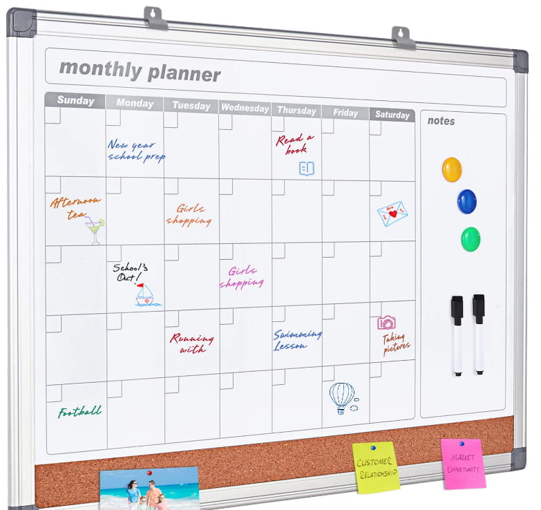 Monthly Planner Whiteboard with Corkboard