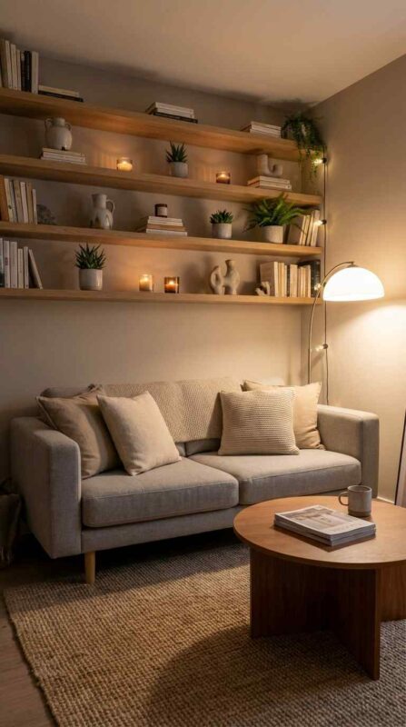 Cozy Shelf Styling with Warm Lighting