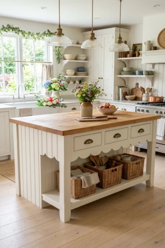 Cottage Style Kitchen Island With Beadboard Detail