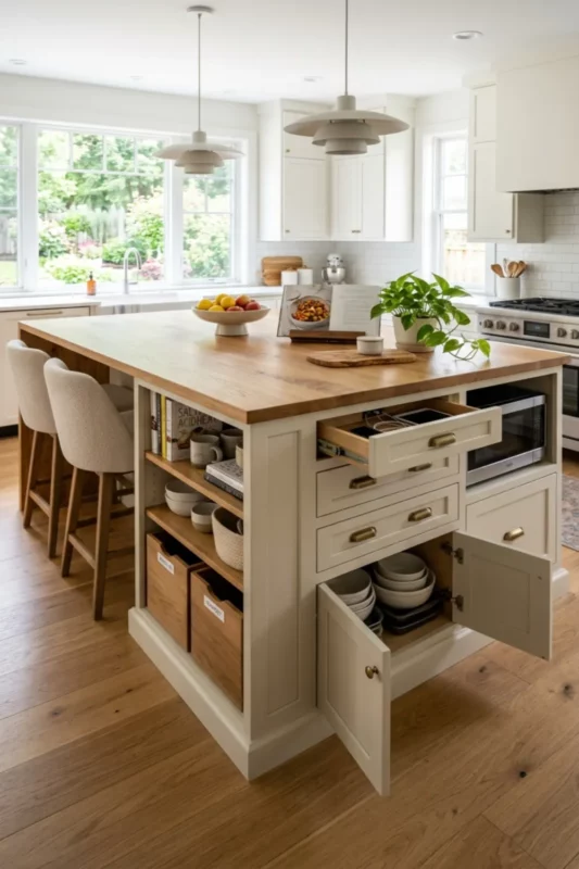 Blue Painted Farmhouse Island With Rustic Oak Top