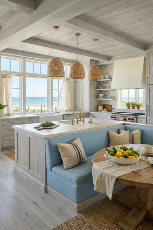 Coastal Banquette Kitchen Island Seating
