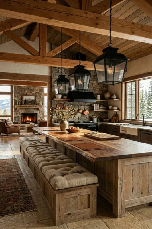Rustic Long Kitchen Island With Bench Seating