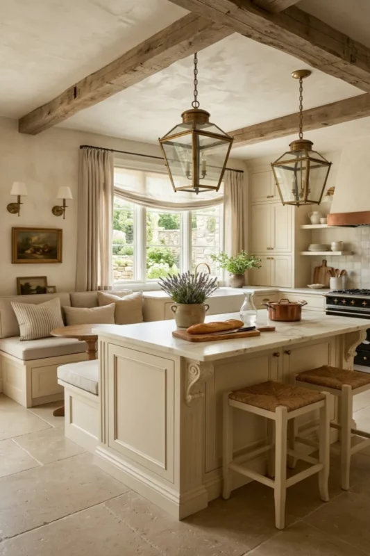 French Country Island With Bench Nook Seating