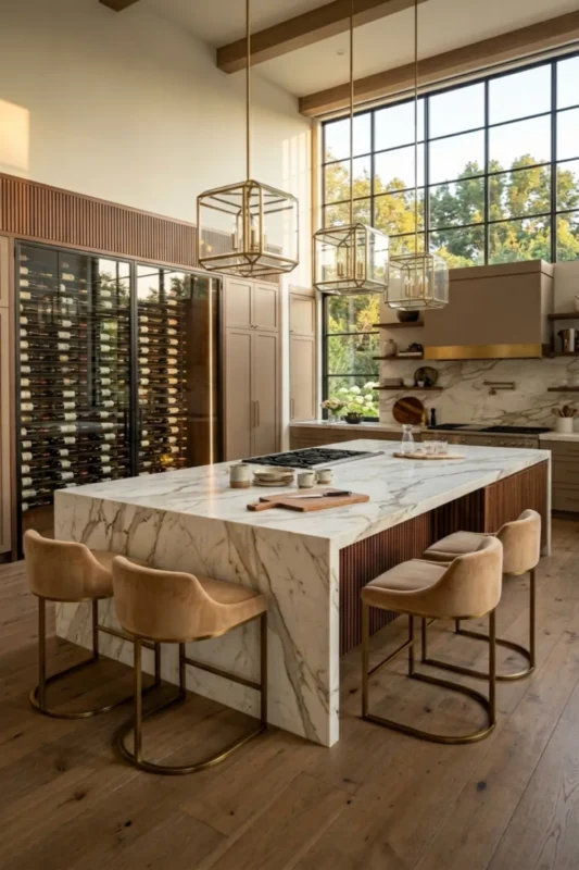 Dramatic Waterfall Island With Seating on the Ends