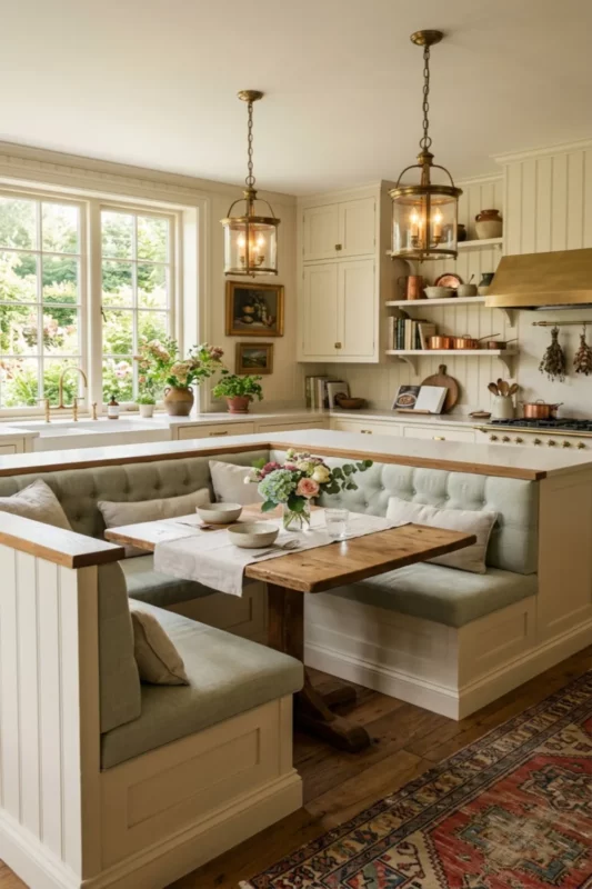 Cottage Style Island With Corner Booth Seating