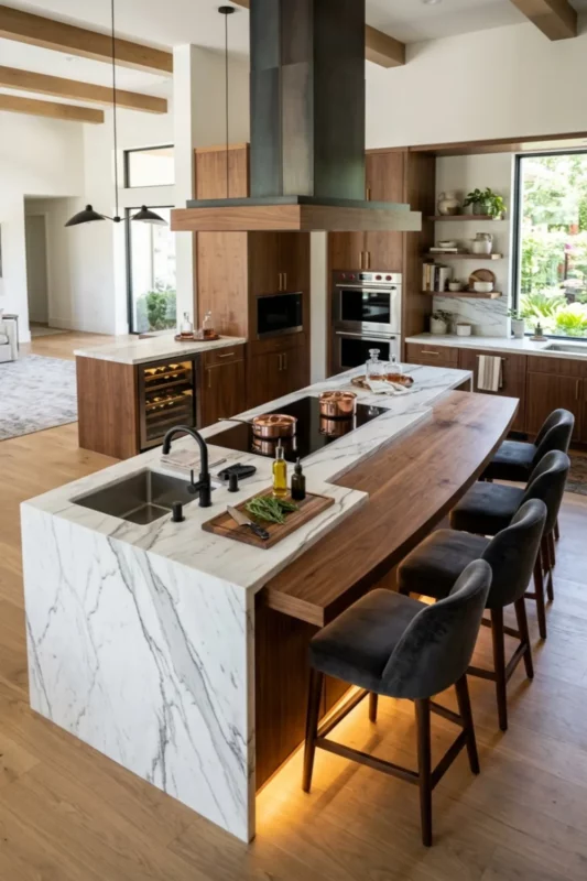 Multi-Level Kitchen Island with Sink, Stove, and Casual Dining Bar