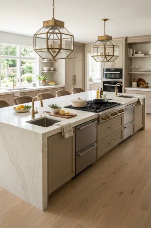 Oversized Quartz Kitchen Island with Double Prep Sink and Range Top