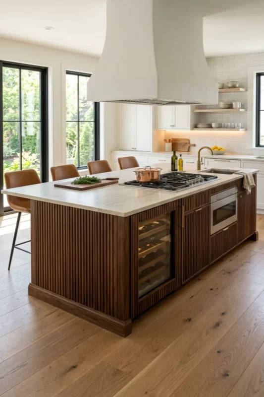 Warm Walnut Kitchen Island with Prep Sink and Built-In Gas Range