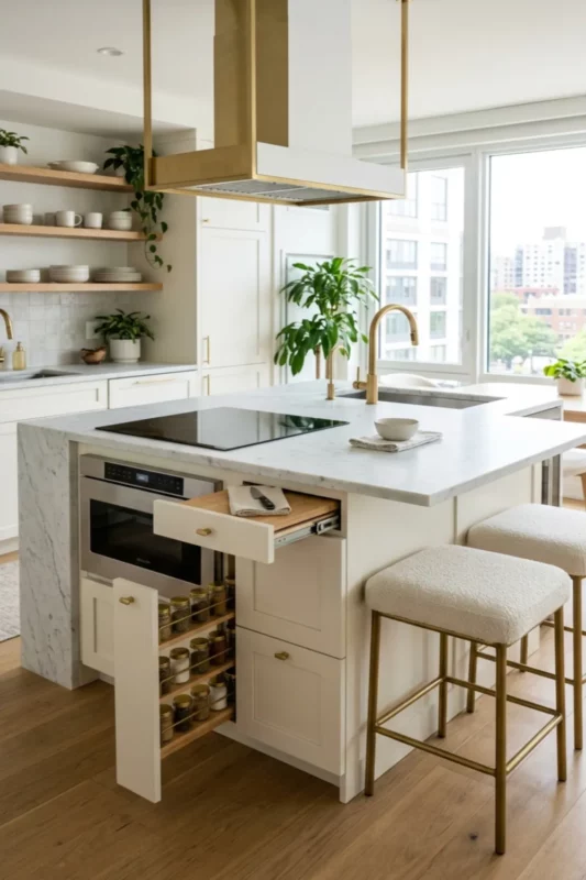 Compact Smart Kitchen Island with Sink, Stove, and Microwave Drawer