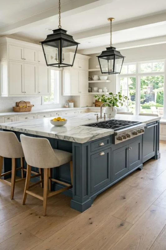 Blue Gray Kitchen Island with Farm Sink and Professional Cooktop
