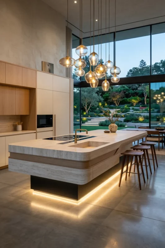 Floating Luxury Kitchen Island with Sink and Invisible Vent Stove