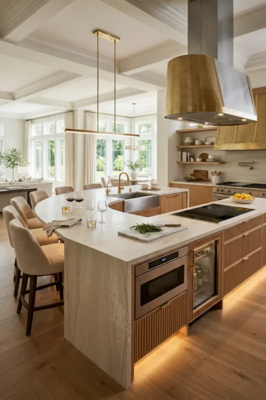 U-Shaped Kitchen Island with Prep Sink and Wraparound Cooktop Seating