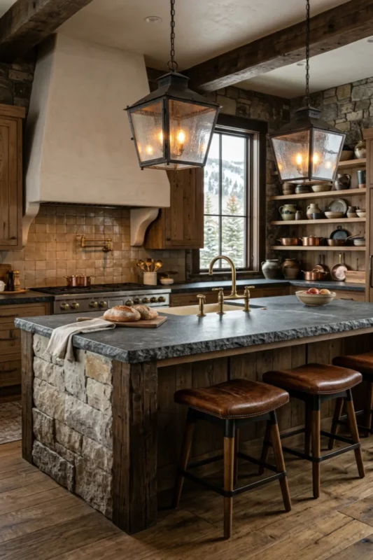Rustic Stone Kitchen Island with Farm Sink and Chef’s Stove