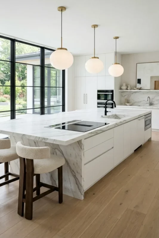Seamless White Kitchen Island with Double Sink and Flush Cooktop
